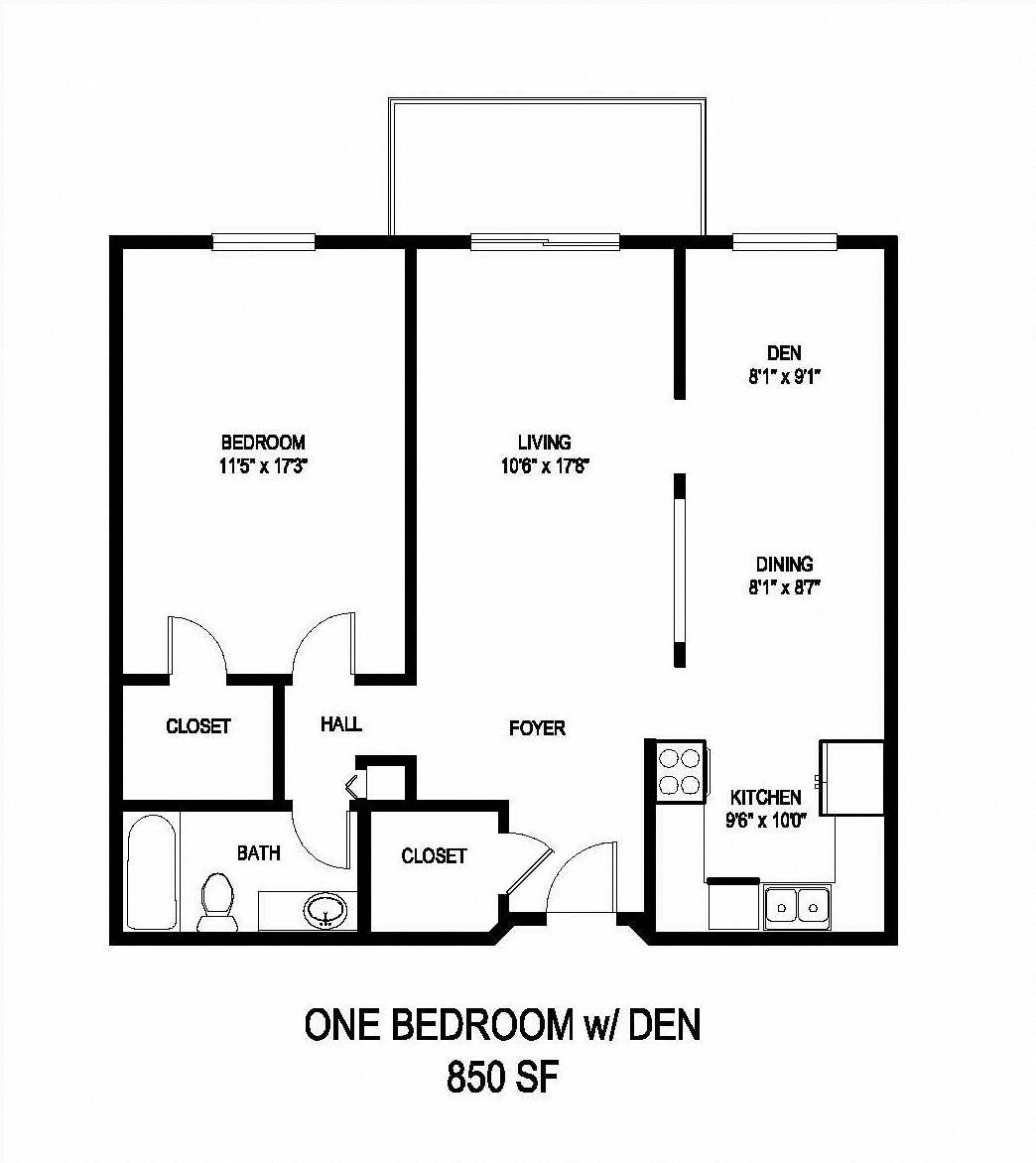 Floor plan for 1 bed, 1 bath, 850 sqft